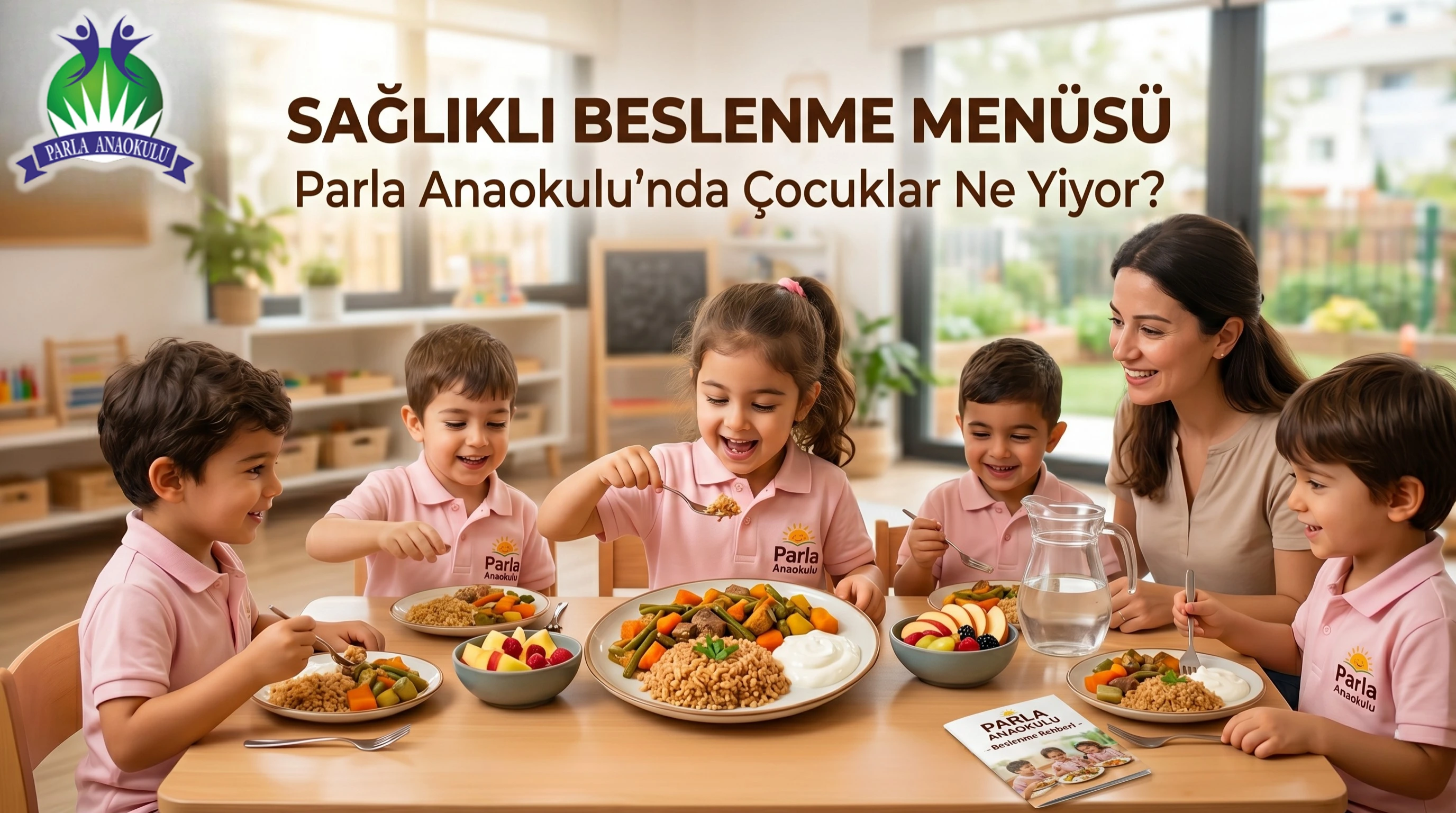 Parla Anaokulu'nun renkli ve sağlıklı öğle yemeği tabağı önünde mutlu bir çocuk - Esenyurt Kreş Beslenme